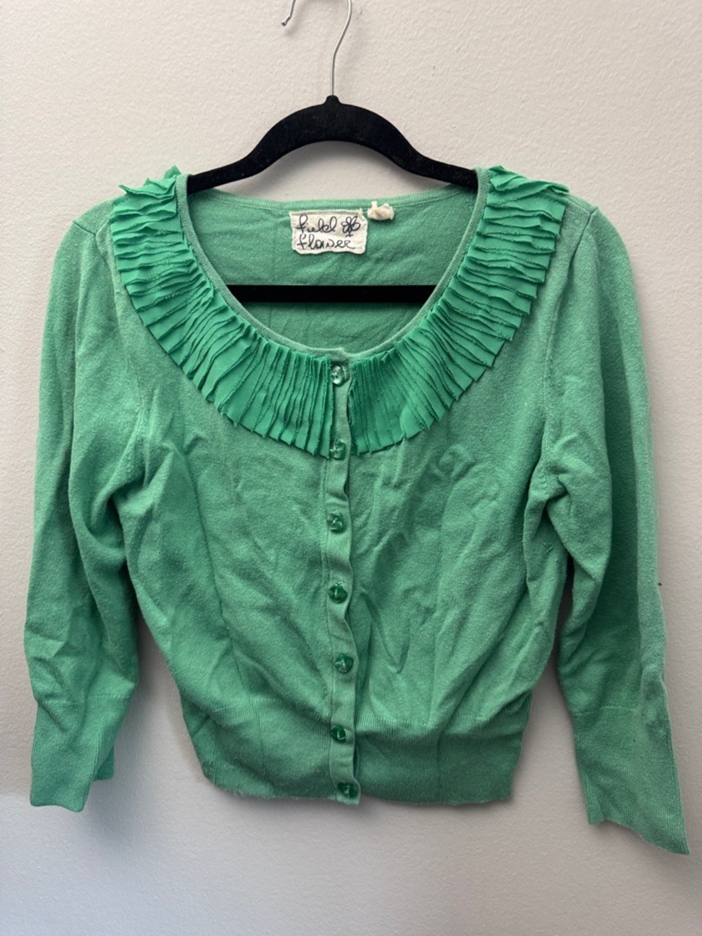 Field Flower Green Ruffle Collar Cardigan Sweater